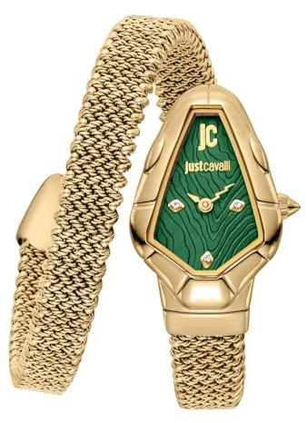 Just Cavalli Signature Snake Fiamma - Damen-Armbanduhr Quarz Mode Armband und Gehäuse aus Edelstahl Farbe Gold Analoges Zifferblatt Grün - JC1L426M0035