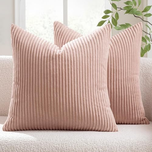 HOSHEN HOME Kissenbezug 40x40cm Kordsamt Gestreift Kissenbezüge Rosa | 2er Set Dekokissen Sofakissen Couchkissen Zierkissenbezug Wohnzimmer Kissenhülle für Sofa Wohnzimmer Schlafzimmer Balkon Büro