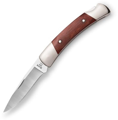 Buck Squire, 420 HC-Stahl, Maserholz, Neusilber-Beschläge, Schwarze Lederscheide Taschenmesser