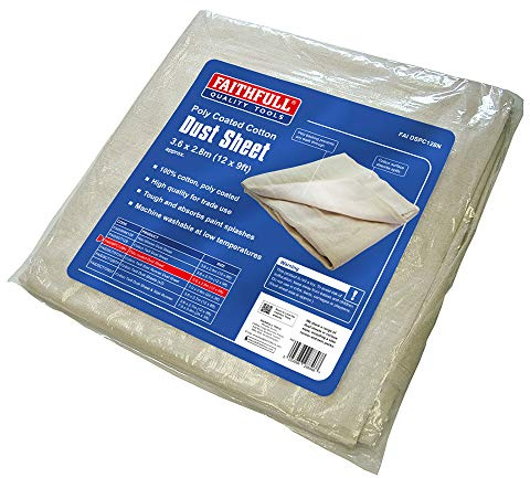Faithfull Cotton Twill Dust Sheet with Poly Backing 3.6m x 2.8m (12ft x 9ft) – Reusable Dust Cover, Absorbent & Machine Washable Floor & Furniture Protection for Painting & Decorating