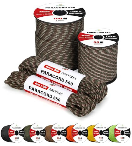 Brotree 4mm Paracorde 550 7 Brins Corde en Nylon 50M Type III Corde Parachute pour Survie, Extérieur, Bricolage - 250kg Charge de Rupture (Forêt Camo)