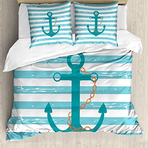 ABAKUHAUS Teal Bettwäsche Set für Doppelbetten, Schiffsanker Marine Life, Weicher Microfaserstoff Allegigeignet kein Verblassen, Teal Turquoise Weiß