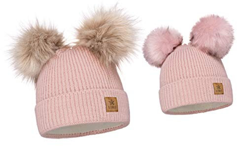 ELIMELI Eltern-Kind Mütze Mädchen Warme Wintermütze für Mutter und Tochter Mütze Damen Winter mit Zwei Bommeln Slouch Strick Beanie Damen Bommelmütze Kinder Mama und Baby Cap Set 3 (Rosa)