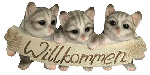 OF Gartenfigur Welcome Katzenbabys - Süße Deko für Garten, Terrasse & Fensterbank - Wetterfestes Polyresin - Willkommensschild Katzen - 15x25x8 cm