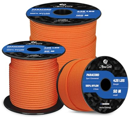 Abma Cord Paracord 3mm 50M 100% Nylon Seil Paracord 425 Typ II Schnur mit 3 Kern für Basteln, Camping, Survival - Max. 192kg (425lbs) - Orange
