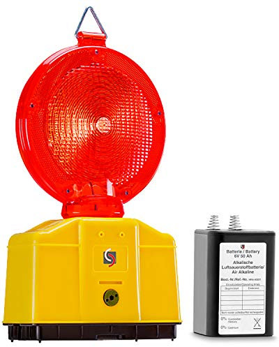 UvV LED Baustellenleuchte Warnleuchte mit Secura-Halter inkl. 6 Volt 50 Ah Batterie und 1 x Lampenschlüssel (rot-50 Ah)