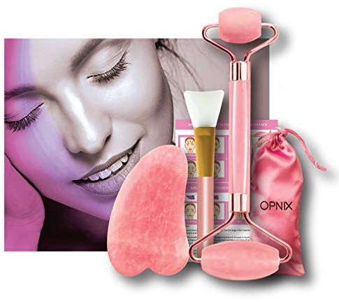 Original Quartz Roller and Gua Sha - Jade Face Roller - 100% Natural Rose Quartz Stone - Durable - Noiseless POM - Masseur Visage pour la peau, les yeux, le cou - Pierre de Quartz Authentique