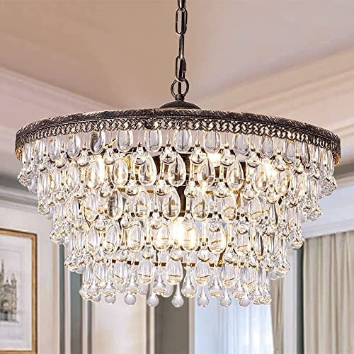 Wellmet Kristall Hängeleuchte Kristallleuchter 6-Licht Kristall Kronleuchter Vintage Ø50cm Landhaus Glas Pendelleuchte Esstisch Modern Deckenleuchte Lampe Hängend Lüster Wohnzimmer Groß Antik Bronze
