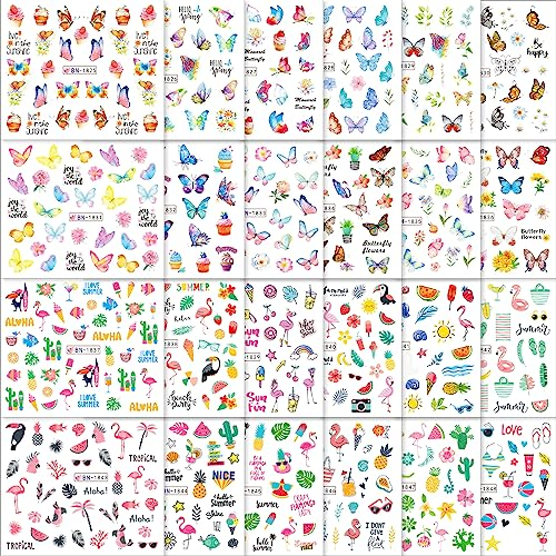 VETPW 24 Fogli Tema Estivo Adesivi Unghie Nail Art Sticker, Adesivi per Unghie Trasferimento d'acqua Decalcomanie Kit con Motivo Farfalla Cactus Fenicottero Lettera per Decorazione Nail Art Fai Da Te