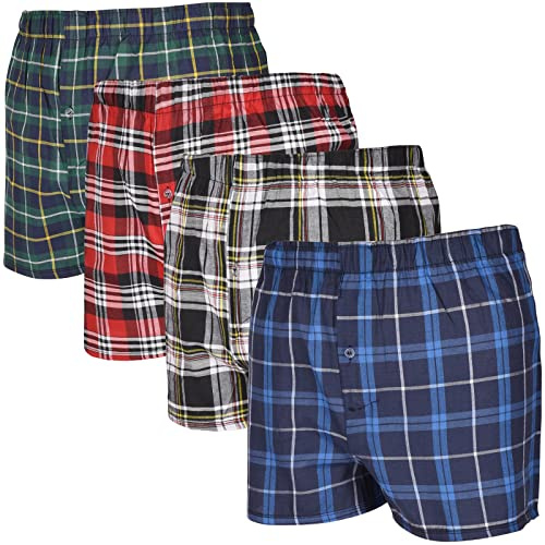 Gaffer Mens Boxers 4 Pack Woven Check Shorts Underwear Trunks Assorted Open Fly Elasticated Waist Small