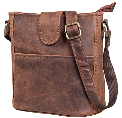 LEABAGS Leder Handtasche Damen I Premium Echtleder Umhängetasche I Damen Schultertasche I Damentasche I Tragetasche für Arbeit Uni Schule Freizeit I Größe L (31 x 29 x 13 cm) I Nut