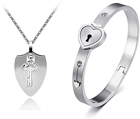 2 Stück Schloss Armband und Schlüssel Halskette, Edelstahl Herz Sperren Armband Armbänder, Anhänger Halskette und Schloss Armband, Armband Halskette Pärchen Schmuckset, Schloss Armband Halskette