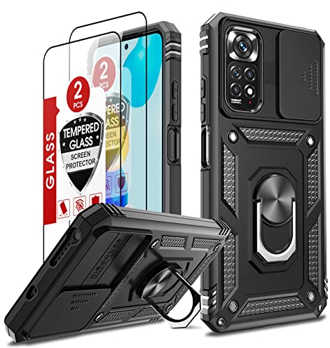LeYi Hülle für Xiaomi Redmi Note 11/Note 11S 6.43 Kameraschieber Schutzhülle& 2*Schutzglas Folie, Ringhalter Ständer Case Kamera Klappe Cover Militärische Rüstung Handyhülle Handy Hüllen Schwarz