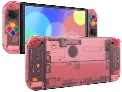 eXtremeRate Cover Pulsanti Tasti Ricambio per Nintendo Switch OLED Console Joycon,Custodia Posteriore Controller Scocca Supporto Shell Kickstand per Nintendo Switch OLED-Trasparente Ciliegia Rosa