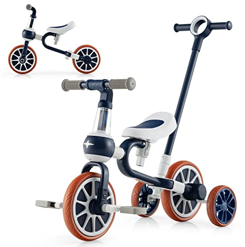 COSTWAY 4 in 1 Tricycle for Toddler 2-4 Years Old, Kids Trike Baby Balance Bike with Adjustable Seat, Parent Push Handle, Removable Pedals and Training Wheels (Navy)