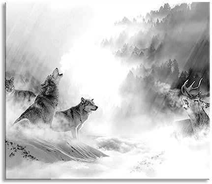 Heulende Wölfe jagen Hirsch im Nebel, Monochrome Herdabdeckplatte & Spritzschutz aus Echtglas | Für Herd-Kochfelder | 60x52 cm