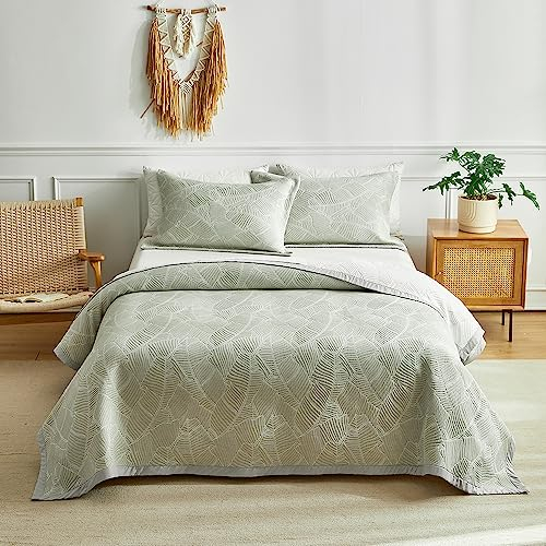 ARYURBU Bettüberwurf Tagesdecke 170x210 cm und 2 Kissenbezüge 80x80 cm, Grün Blatt Muster Gesteppt Decke für Einzelbett Sofa Couch Überwurf, Weich Soft Baumwolle Mikrofaser Mischung Bettdecke