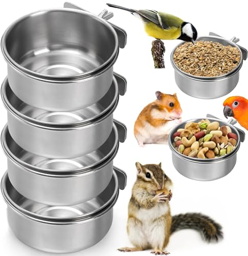 Okllen 4er Pack Vogelfutternapfbecher, Abnehmbare Edelstahl Vogelfutternäpfe mit Klemme, Vogelkäfig Futterautomat für Chinchilla Papagei Nymphensittich Conure Wellensittich Kleintier
