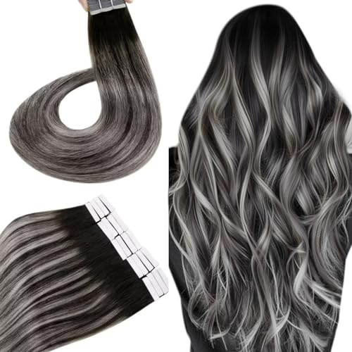 Hetto Tape Extensions Echthaar Schwarz Tape in Extensions Echthaar Balayage Schwarz to Silver Seidig Gerade Invisible Tape Klebe Remy Haarverlangerung 20pcs 30g 30 cm #1b/s/1b