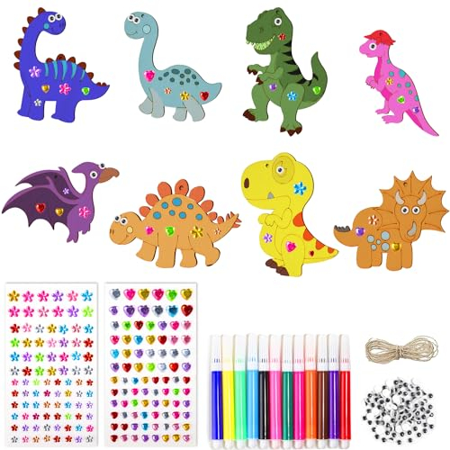 Lucywey 139 Stück Dinosaurier Holz Bastelset für Kinder Holz Basteln Kinder, mit 12 Aquarellstift, Auge, Hanfseil, Aufkleber, DIY Handwerk, für karneval geburtstag Kreative Spielzeug, Geschenke