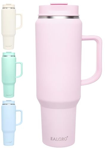 EALGRO Bicchiere da 1,5 litri con manico, bicchieri isolati con coperchio e cannuccia, grande bottiglia d'acqua sportiva in metallo, tazza termica da viaggio in acciaio inox, rosa cipria