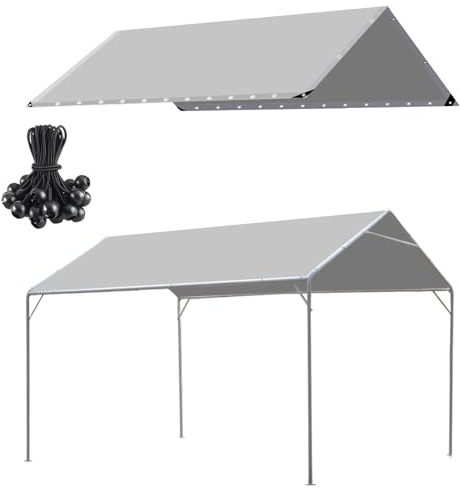 BOUTICOL 10 x 20 Ft Heavy Duty Carport Replacement Canopy Cover Waterproof & UV Protected Garage Top Tent Shelter Tarp Cover with 44 Ball Bungees Cords, Only Top Cover, Grey