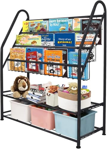 Huhote Großes Kinder Bücherregal, Kinderregal mit 3 Ablagen, Spielzeugregal, Aufbewahrungsregal für Kinder, Kinderzimmerregal, Kinderregal für Buchaufbewahrung, für Kinderzimmer Spielzimmer, Schwarz