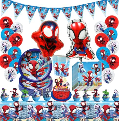 Spidey Birthday Party Decorations - Tableware Kit with Plates, Cups, Napkins & Tablecloth for Children's Parties