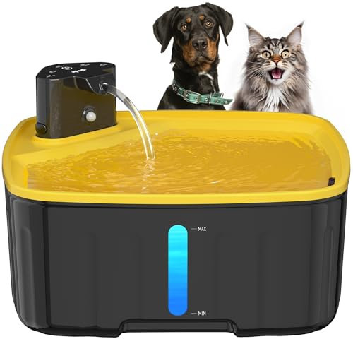 Kittyspout Fontaine a Eau pour Chien sans Fil, 8L Fontaine Chat/Grand Chien avec Détecteur de Mouvement, Fontaine pour Chiens avec Batterie 5000mAh (Jaune, Jaune)