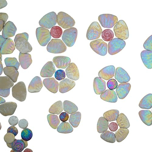 Yuvori Iridescent Ceramic Petal and Leaf Mosaic Tiles, Mixed Sizes, 1.1 lbs, DIY, Indoor & Outdoor Decor (White Petals)