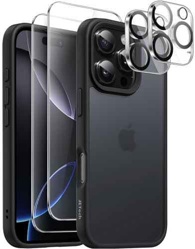 JETech 5 in 1 Matte Case for iPhone 16 Pro Max 6.9-Inch with 2-Pack Each Tempered Glass Screen Protector and Camera Lens Protector, Translucent Back Shockproof Phone Cover (Black)