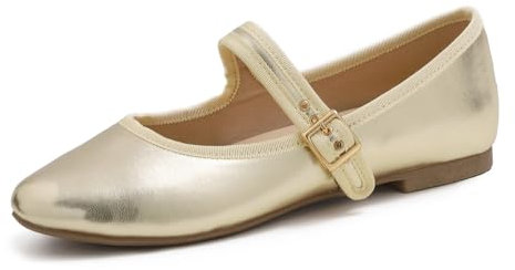 Feversole Women's Soft Breathable Mary Jane Memory Foam Cushioned Comfort Round Toe Metal Buckle Flats Walking Shoes Gold Napa Size UK 6