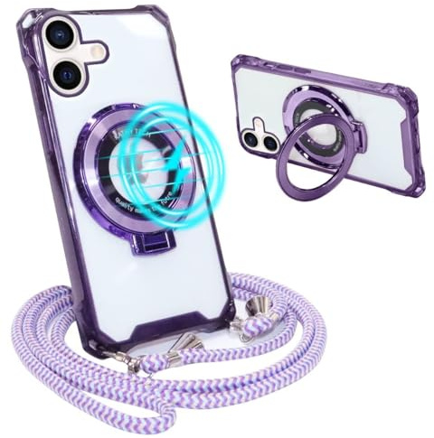 GoodcAcy Coque pour 16 iPhone avec Cordon et 360° Anneau Support,Étui Housse Antichoc Souple Silicone TPU Bumper Portable Protection Case avec Amovible Collier 16 iPhone, Pourpre