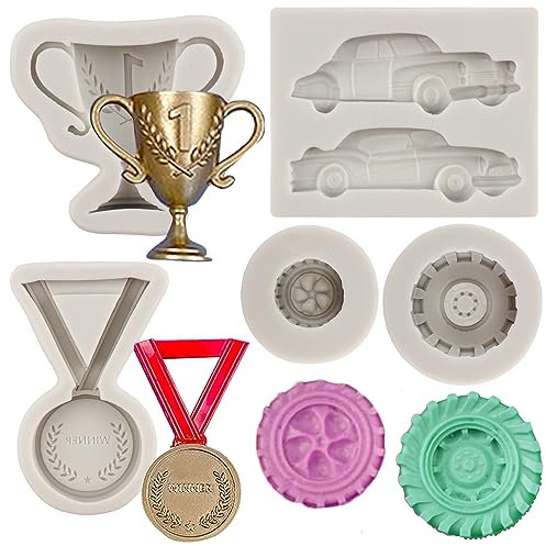 MYPRACS Lot de 5 moules en silicone pour voiture de course - Moule à fondant 3D pour pneu rond - Moule en silicone - Moule à bonbons pour décorer des gâteaux - Pâte à fleurs - Argile polymère