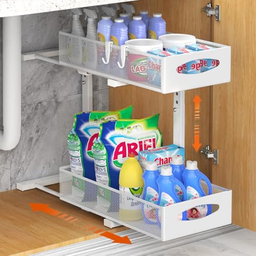 Housolution Organizador Bajo Fregadero de Metal, 2 Niveles Estanteria Bajo Fregadero Extraible con Altura Ajustable, Estante de Almacenamiento Bajo Fregadero para Armario de Cocina, Blanco