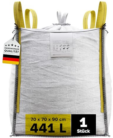 D-TACK 1x Big Bag | 70 x 70 x 90 cm | Säcke für Bauschutt, Holz, Laub, Kies, Sand, Erde, Gartenabfall, Grünschnitt, Pellets | 4 Schlaufen für Kran & Stapler | 1.000 kg | Inkl. Schürze zum Zubinden