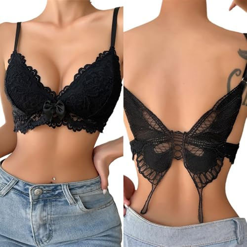 KBRPEY Sujetadores Mujer Push up sin Aros Encaje Triangular Efecto Realce Copas Moldeadas Tirantes Ajustables Diseño Mariposa Sujetador sin Costuras Elegante Cómodo Soporte Ligero
