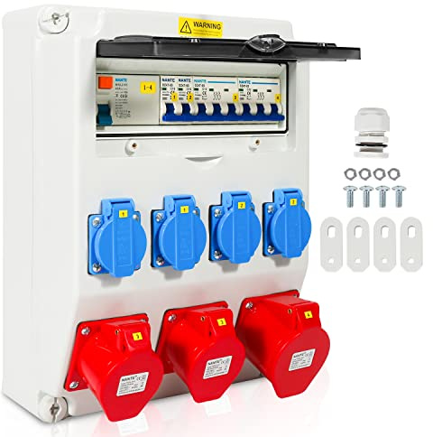 Fiqops Baustromverteiler, Steckdosenverteiler 4x230V 2x16A 1x32A 400V CEE 5 Polig, Wandverteiler mit Leitungsschutzschalter und FI, IP44 für Einsatz im Freien und auf Baustellen