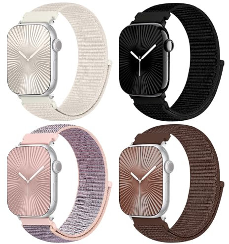 4 Stück Sport Nylon Armband kompatibel mit Apple Watch Armbander 38mm 40mm 41mm 42mm 44mm 45mm 46mm 49mm für Damen Herren,Stoff Ersatz Solo Loop Armband für iWatch Serie 10 9 8 7 6 5 4 3 2 1 SE