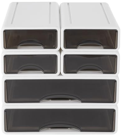 RjcdOPL Lot de 6 Organiseurs de bureau en plastique avec tiroirs, Boîtes de Rangement Empilable à Volonté, 25P x 34L x 33H cm, Pour Documents, Fournitures de bureau, Clés, Crayons (Blanc)