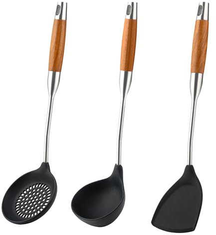 FJNATINH Silicone Wok spachtel,Skimmer und Löffelset, für die Küche,Silikon, rostfreier Stahl und Holzgriff in einem! leicht zu reinigen und spülmaschinenfest, für Hobbyköche