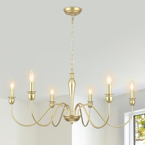 ASHUAQI Kronleuchter Vintage Pendelleuchte Gold, 6 Flammig Kronleuchter Gold, Klassisch Kerze Hängeleuchte Esstisch, Deckenleuchte Hängend Lampe für Wohnzimmer, Schlafzimmer, Esszimmer, Küche, Flur