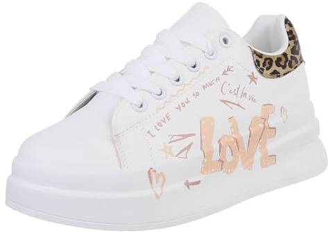 Ital Design Damenschuhe Freizeitschuhe Sneakers Low, YH45-, Kunstleder, Weiß Braun, Gr. 39