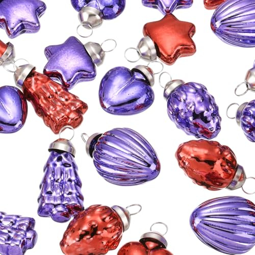 QUARKZMAN 50 Stück Weihnachtskugeln Glas, 3cm Kiefer Herz fünfzackiger Stern Ellipsoid Erdbeere Rot Lila Weihnachtsdeko für Weihnachtsbaum, Halloween, Weihnachten, Event und Hochzeit
