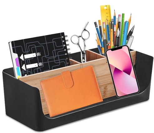 WANDGU Organisateur de bureau à 4 compartiments : organisateur cosmétique de table, support pour téléphone portable et tablette, porte-lettres, porte-stylos, compartiments en bois pour stylos,