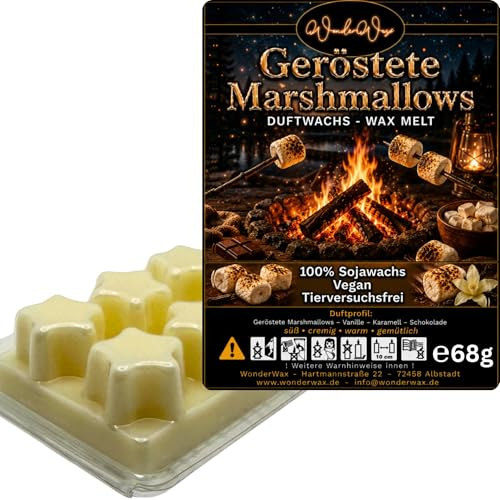 WonderWax® Duftriegel 6 x Duftwachs Sterne Weiß Geröstete Marshmallows | Farbe: Weiß | Raumduft für Duftlampen, Wax Melt, Sojawachs, Indoor Duftöl Wachs schmelzen für Aromalampe