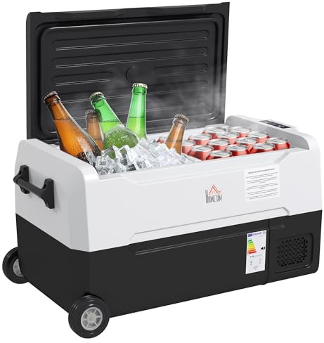 HOMCOM Glacière électrique portable pour voiture, congélateur et réfrigérateur avec 2 zones, lumière LED, contenance 30,5 L, 12/24 V DC et 100-240V AC, jusqu'à -20°C, noir et blanc