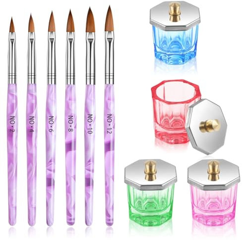 EBANKU Set combinato di 10 pennelli per unghie acriliche e piatto Dappen – 6 pennelli professionali per unghie, 4 piatti sigillati in vetro cristallo con coperchio, gel UV, acrilico, polvere liquida