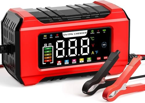 DSGKUU Chargeur et mainteneur de batterie de voiture 15 A, 12 V/24 V, charge intelligente à 9 étapes pour batteries LiFePO4 et plomb-acide (AGM/Gel/SLA) – Compatible avec voitures, SUV, CRV, marine