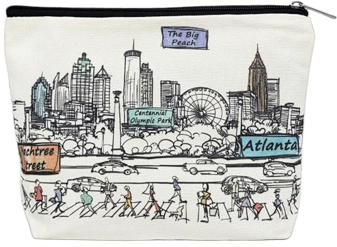 Beary Blu Cities Around the World Artwork Cosmetic Bag Series – Designed in USA, Travel Makeup Bag with Zipper, Souvenir Gift for Women, Artwork Organizer for Purse or Toiletry, Atlanta, 10 x 7